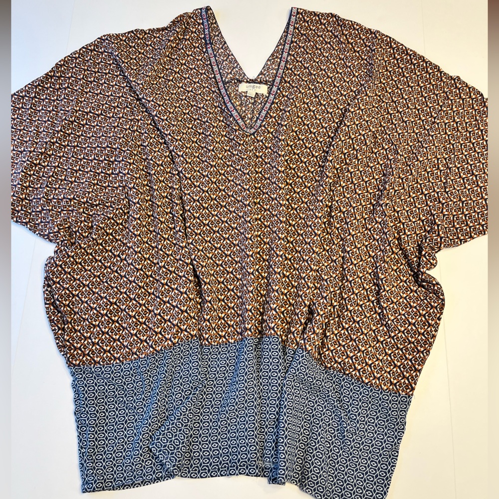 Umgee Boho Mixed Print Pullover Over V-Neck Pockets Drop Shoulders Tunic Top M/L